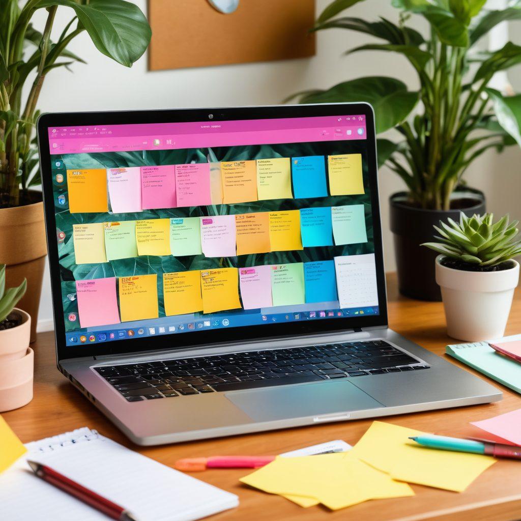 A sleek laptop scattered with colorful sticky notes and digital tools, showing a vibrant interface of a digital diary app on the screen. Surrounding the laptop are various icons representing productivity, creativity, and organization, like checklists, calendars, and writing tools. The background features an inspiring workspace with plants and colorful decor. super-realistic. vibrant colors.