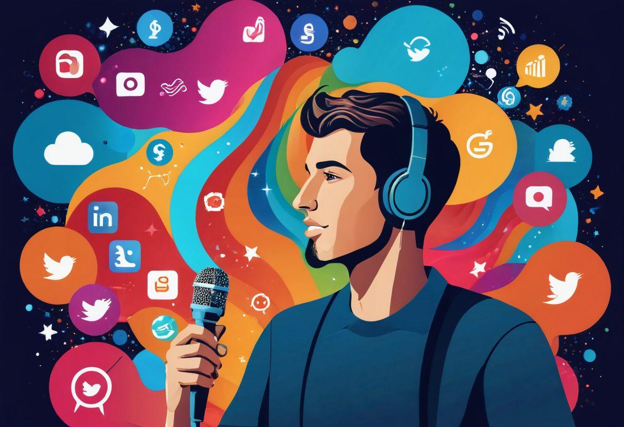 A vibrant illustration of a person confidently speaking into a microphone while surrounded by floating symbols of social media and blogging tools. The background features colorful waves representing sound and creativity, with sparkles symbolizing inspiration and engagement. Showcase a digital aura around the person to emphasize their voice and impact in the blogging community. bright colors. modern graphic style. dynamic composition.