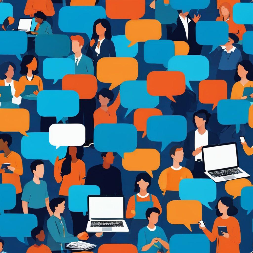 A dynamic illustration of diverse individuals interacting with a vibrant digital landscape, showcasing their unique voices through colorful speech bubbles and engaging content. Include elements like laptops, smartphones, and social media icons to symbolize the Ubox Blogosphere. Bright hues of blue and orange to convey energy and creativity, set against a modern, abstract background. super-realistic. vibrant colors. digital art.